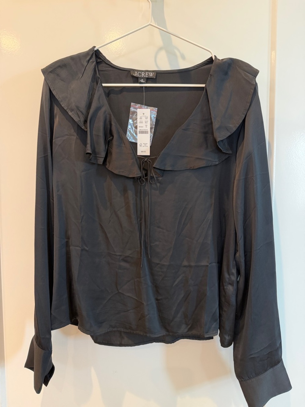 J. Crew Slate black Ruffle Tie-Neck Blouse